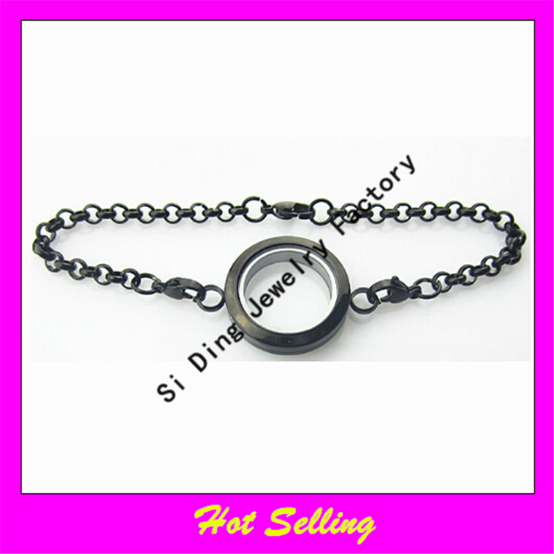 

Hot selling 25mm stainless steel screw floating locket bracelet black twist round glass locket bracelet