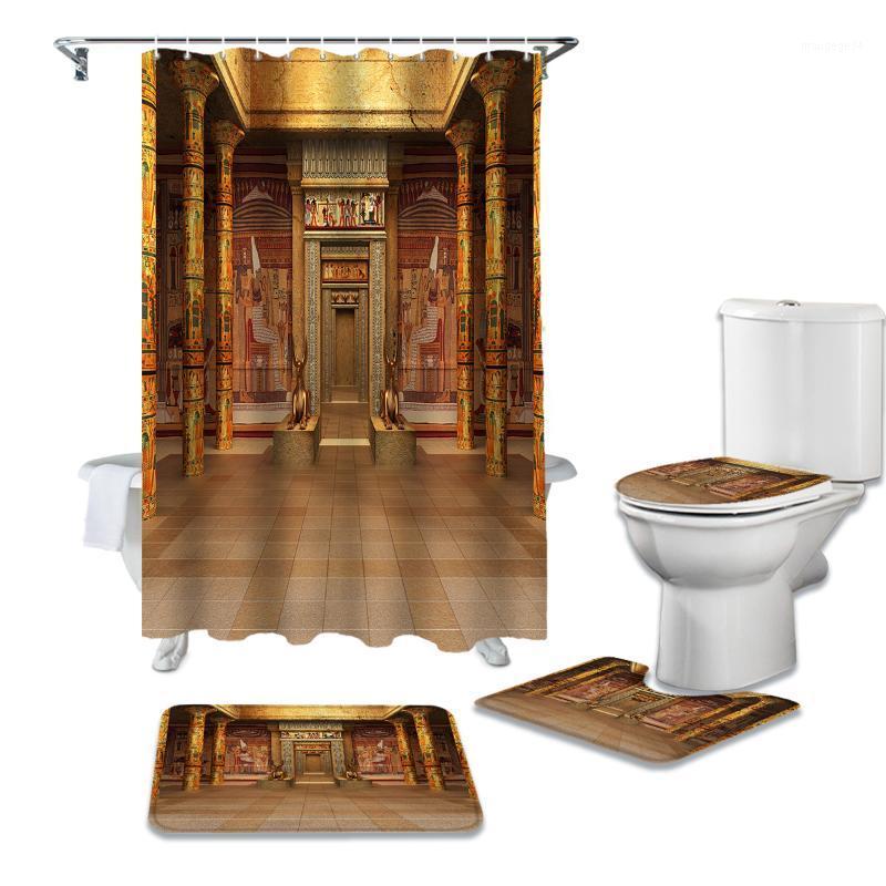

Egyptian Ancient Gold Waterproof Bath Shower Curtain Rug Set Non-slip Bath Mat Toliet Cover Polyester Shower Curtain1