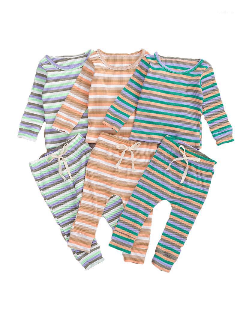 

2 Pieces Baby Suit Set, Striped Round Neck Long Sleeve T-Shirt and Trousers for Kids 2020 New Hot1, Green pink