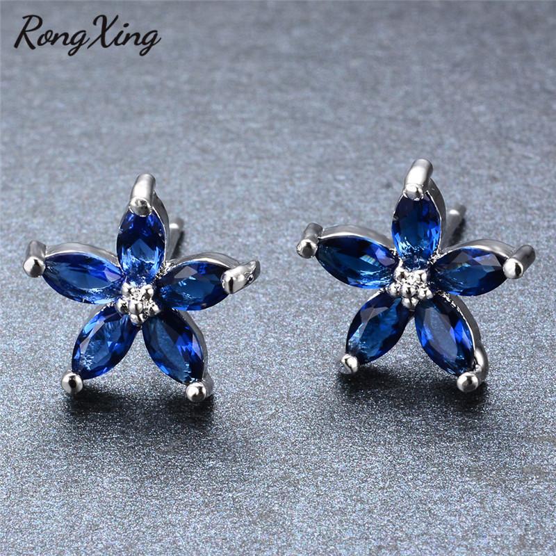 

Stud RongXing Vintage Five Star Flower Blue Zircon Earring Women Fashion White/Rose Gold Filled September Birthstone Ear Ear0057