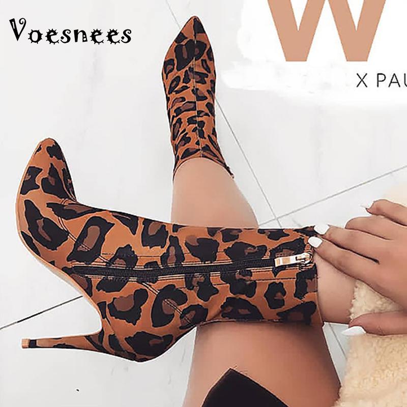 

Voesnees Women's Short Boots 2021 New Autumn Winter pointed leopard print ankle boots Female Side zipper Thin Heel High Heels, Brown