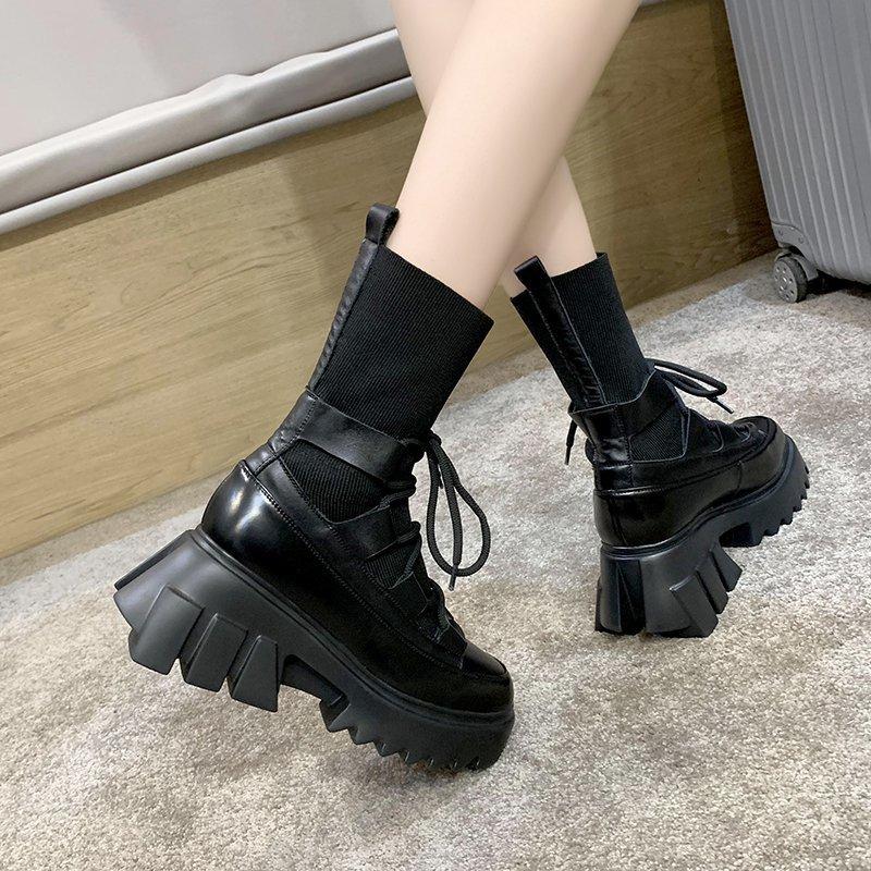 

Boots Woman 2020 Ladies Stretch Fabric Socks Female Fashion Cross-tied Women Shoes Platform Gothic, Beige
