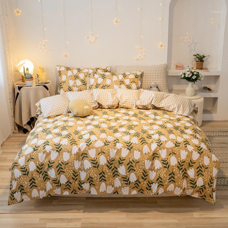 

100% Cotton Printed Bedding Set  Queen King Size Duvet Cover Bed Sheets Pillowcase Small Flowers Print1, Pink