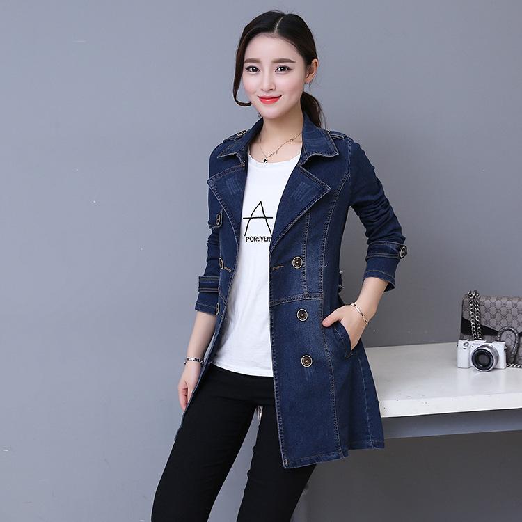 

Spring Denim Women Jacket Slim Large Size Windbreaker Autumn Winter Long Cardigan Elegant Coat Double Breasted Office Lady Style, Blue