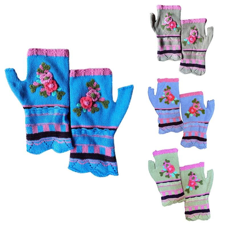 

Women Multicolor Jacquard Crochet Floral Fingerless Gloves Knitted Half Finger Texting Mittens Thumb Hole Arm Warmers