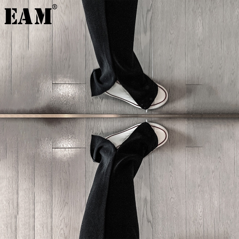 

[EAM] High Elastic Waist Black Hem Bent Long Wide Leg Trousers New Loose Fit Pants Women Fashion Tide Spring Autumn 1R347 201113