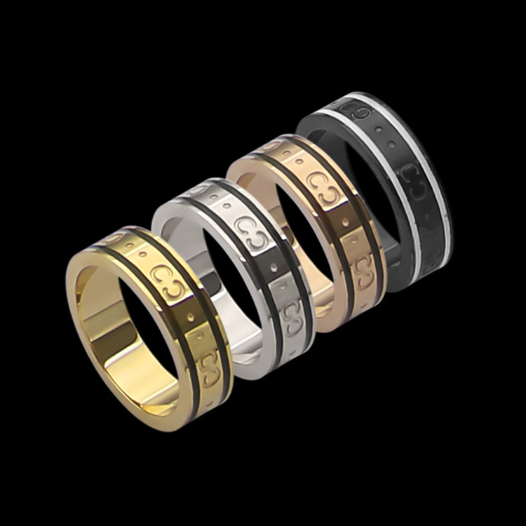 

Europe America Fashion Style Men Lady Women Titanium Steel Engraved G Initials Double Edge Black Enamel Narrow Ring US6-US9 4 Color