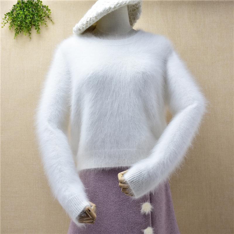 

Fashion sweet ladies women crop top hairy mink cashmere loose o-neck pullover angora fur winter clothing jumper sweater, Body45cm chest104cm