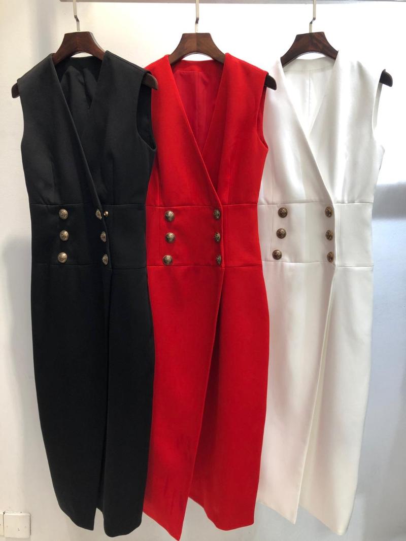 

10.11 2020 Autumn Winter New Women Fashion Sleeveless V-neck Double Breasted Dress Slim Midi Dress Three Color, Black