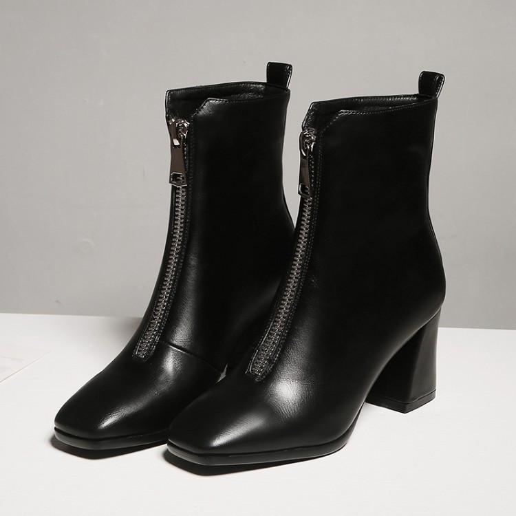 

PXELENA Hot Design Front Zipper Motorycle Ankle Boots Women Chunky Block Square High Heels Boots Ladies Shoes Black 34-43