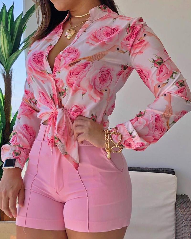 

2020 Women Casual Autumn Chiffon Blouse Floral Print Long Sleeve Drawstring Hem Loose Blouse Stylish Casual Spring Shirts Female, Pink