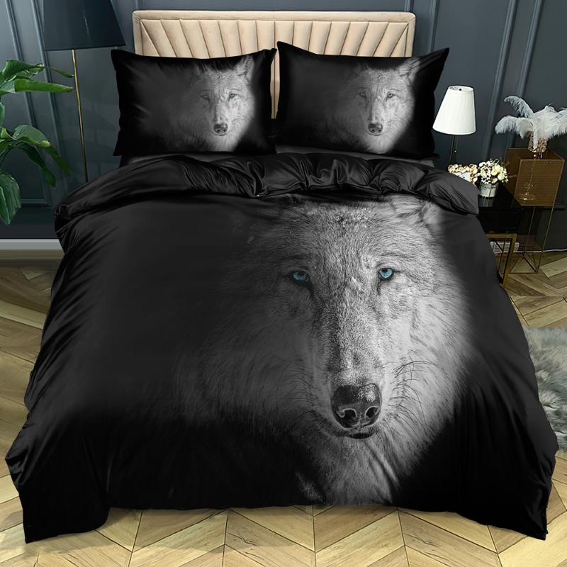 

3D Black Bedding Sets Design Animal Quilt Cover Sets Wolf Comforter Covers Pillow Slips 180*200cm Full  Double King Size, Wolf024-white