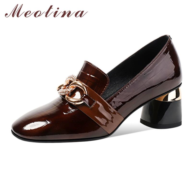 

Meotina High Heel Genuine Leather Women Shoes Metal Decoration Fashion Pumps Chunky Heels Slip On Dress Footwear Spring Black 42