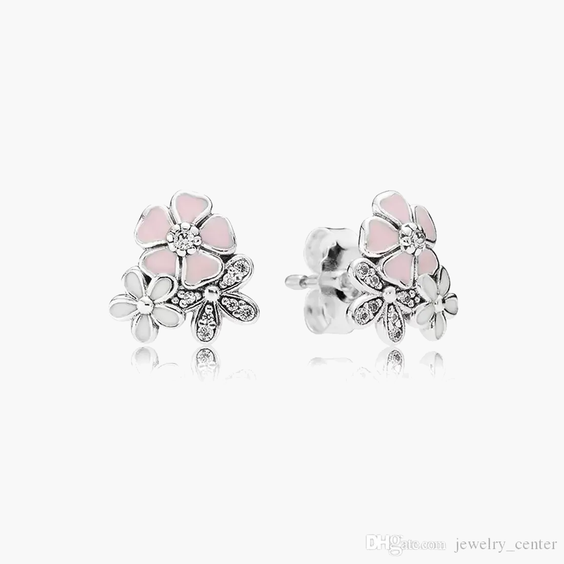 

925 Sterling Silver stud Brand New Sparkling Double Hoop Earrings High Cute Pink Enamel flower Birthday Engagement Dust Bag Gifts fit Pandora Charm, Golden;silver
