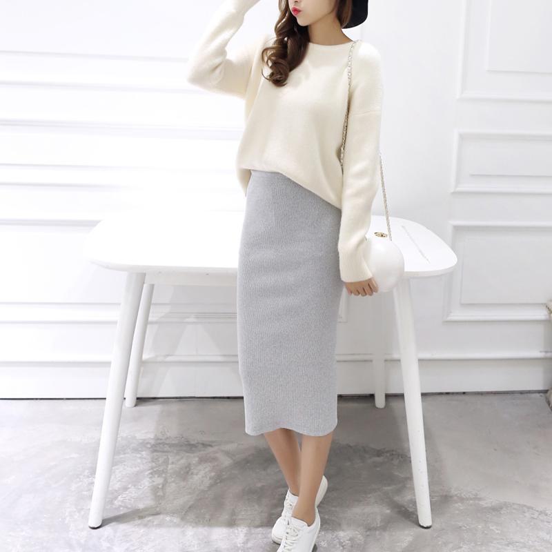 

2020 Autumn Winter Bodycon Skirt Women Stretchable Split Skirt Mid Calf Slim Pencil Skirts For Women Female Knit, Black