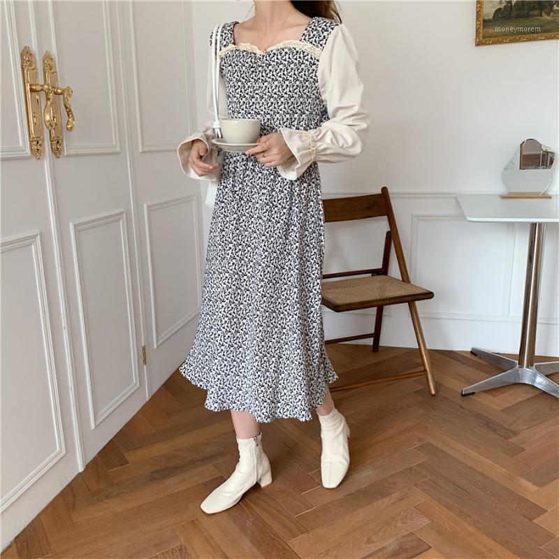 

2021 New Women Spring Vintage Elegant Long Patchwork Floral Lace Dress Square Collar High Waist Midi Dresses1, Black