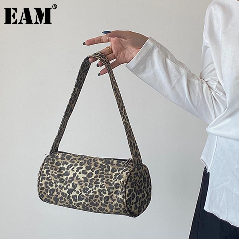 

[EAM] Women New Brief Leopard Barrel-shaped Canvas Personality All-match Crossbody Shoulder Bag Fashion Tide 2021 18A1084