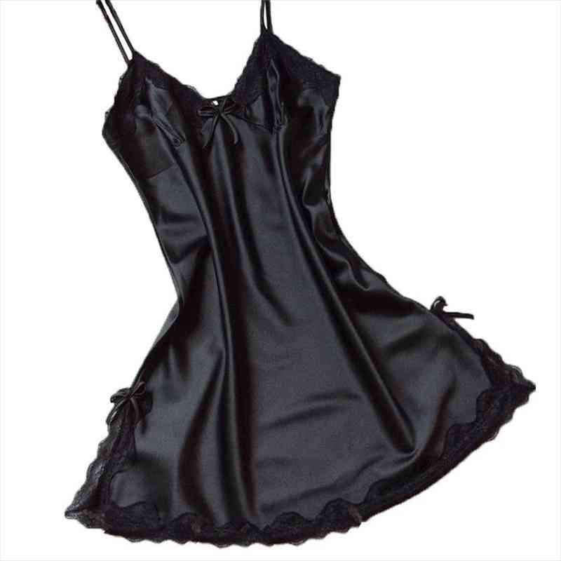 

Summer Cool Silk Lingerie Nightdress Women Sexy Nightgown Lady Off Shoulder Negligee Nightwear Female Night Sleeping Shirt Dress, Black;red