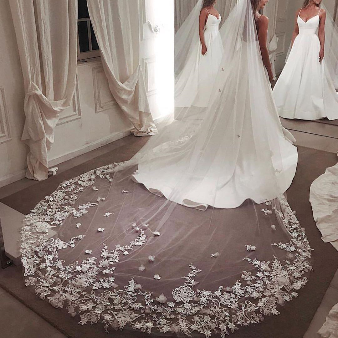 

Lace Cathedral Bridal Veils Custom Made 3D Appliqued 300cm Cut Edge Bridal Veil White Ivory Wedding Veils With Comb Bridal Accessories, Champagne