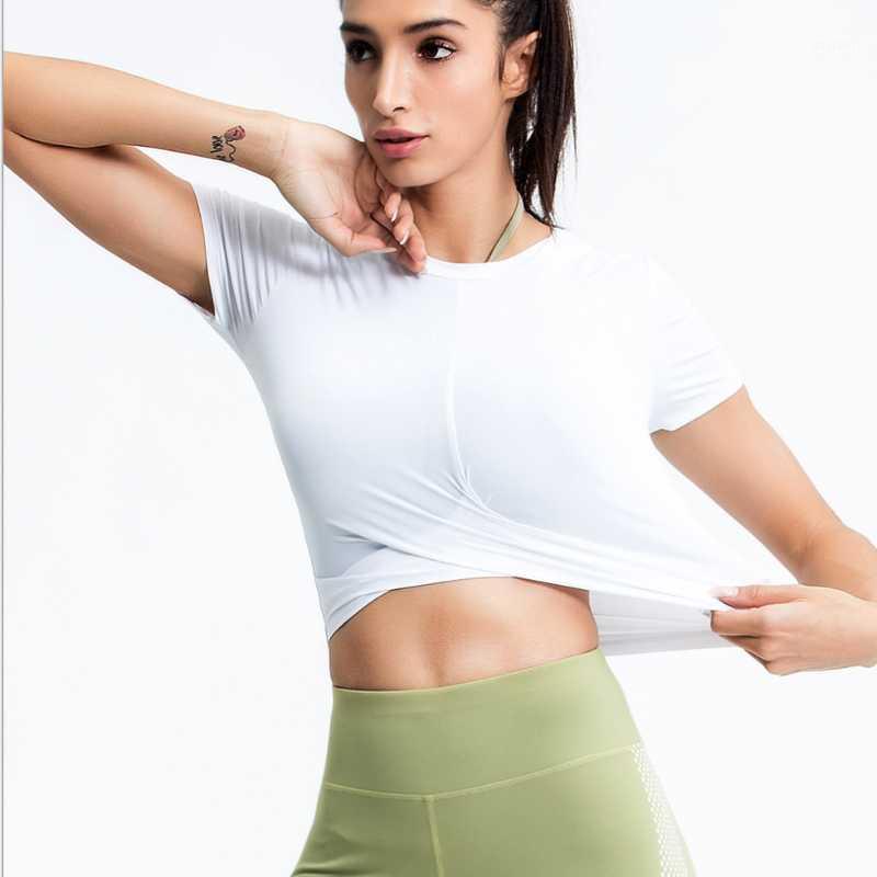 

0410 Round Neck Cotton Sports Ladies Yoga Crop Tops Women Fitness Yoga Shirts Workout Running T Shirt Quick Dry1, Black
