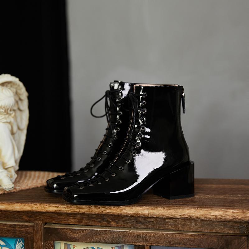 

CIALISA Women Shoes Brand Design Patent Leather Ankle Boot Autumn Winter Lace Up Chunky Heel Round Toe High Heel Boot, Black