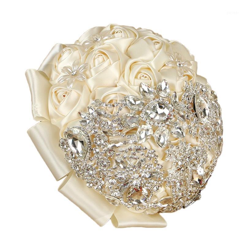

Western Style Bride Artificial Rhinestone Rose Silk Flowers Beautiful Handmade Wedding Bouquet Decorative Flowers1, White