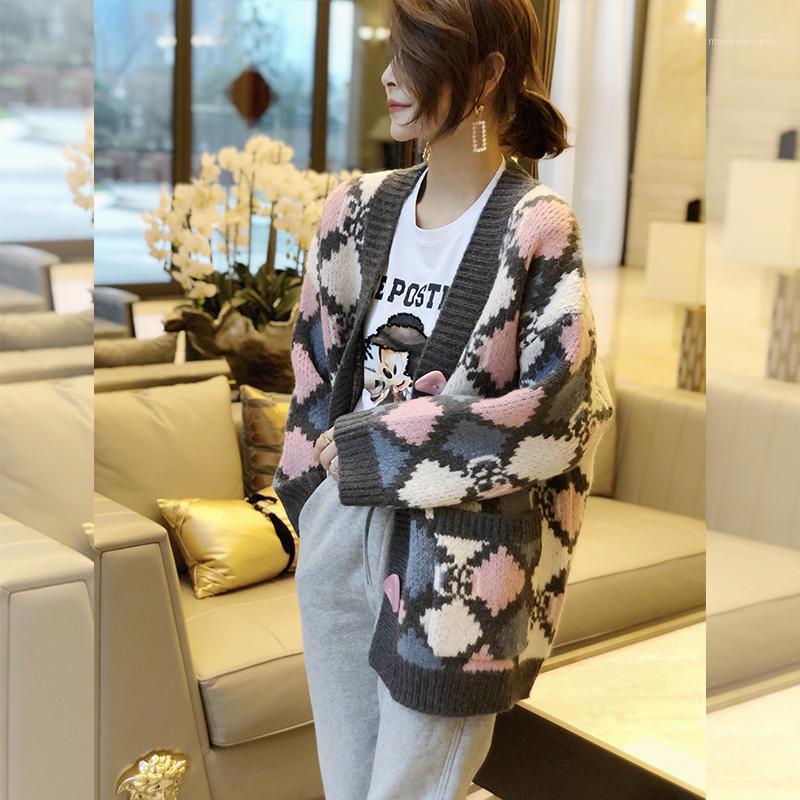 

European Station Horn Buckle Loose Mid-Length Color-Contrast Check Sweater Cardigan Women' 2020 Autumn New Knitted Coat1, Green