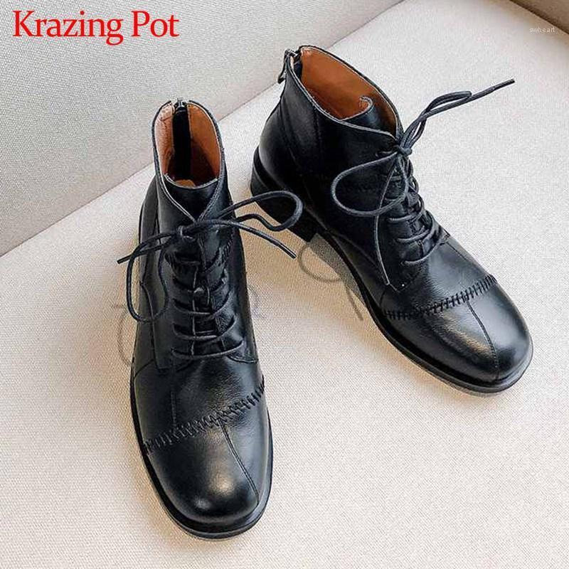 

Krazing Pot leisure vintage genuine leather boots round toe med heels lace up women winter warm fashion cozy ankle boots L311, Beige