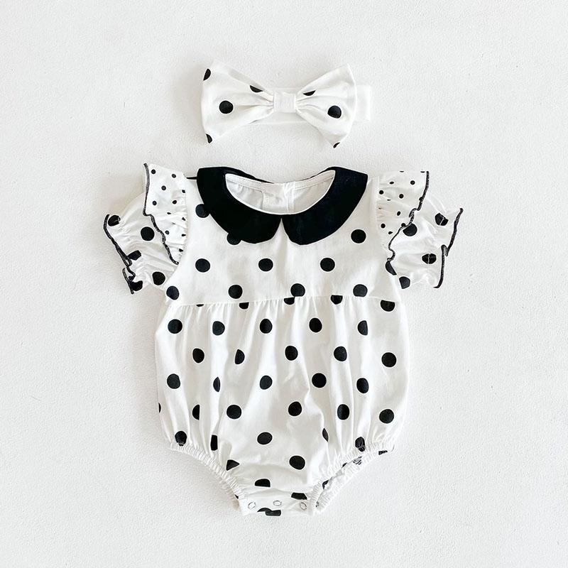 

2020 Summer Baby Girls Rompers Baby Clothes Rompers Bodysuits Short Sleeve Dot + Hair Band Infant Girls Bodysuit1, 35001 light green