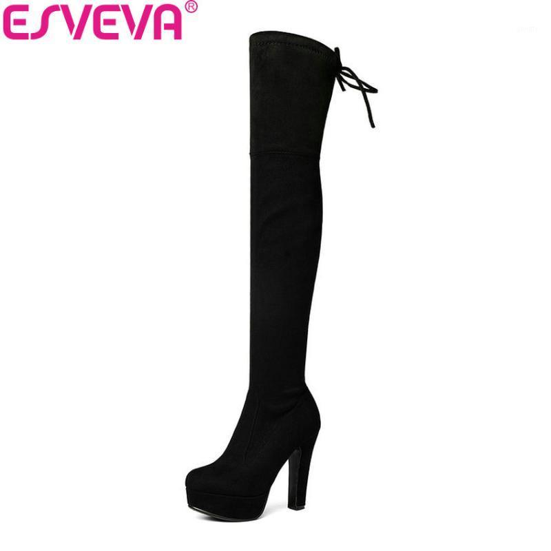 

ESVEVA 2020 Over The Knee Boots Sexy Super High Heel Women Boots Ladies Stretch Fabric Winter Autumn Fashion Size 34-431, Black