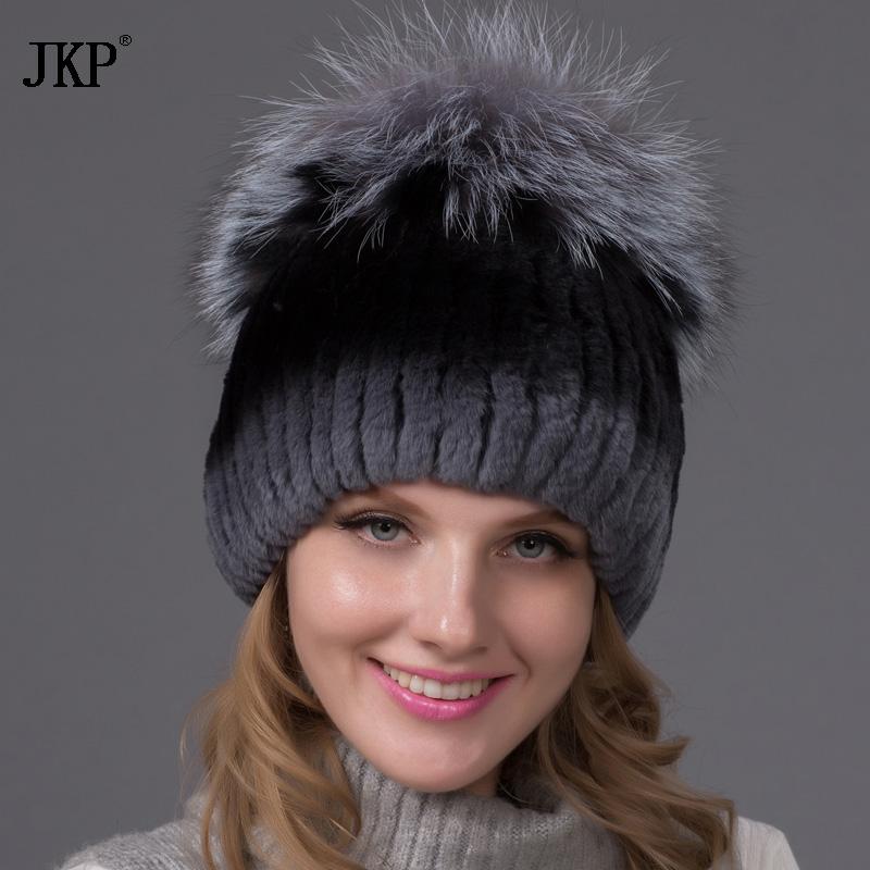 

Winter women rex fur hat with whole fur top 2020 new fashion knit hats elasitc good quality women beanies THY-03