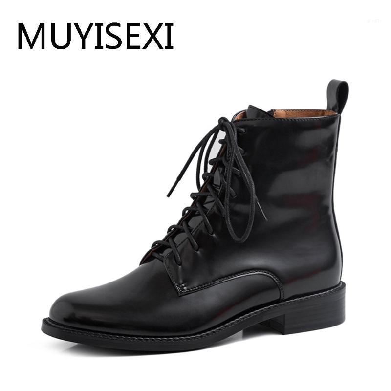 

new patent leather round toe lace up low heels women ankle boots British style motorcycle boots warm winter shoes AM06 MUYISEXI1, Patent short plush