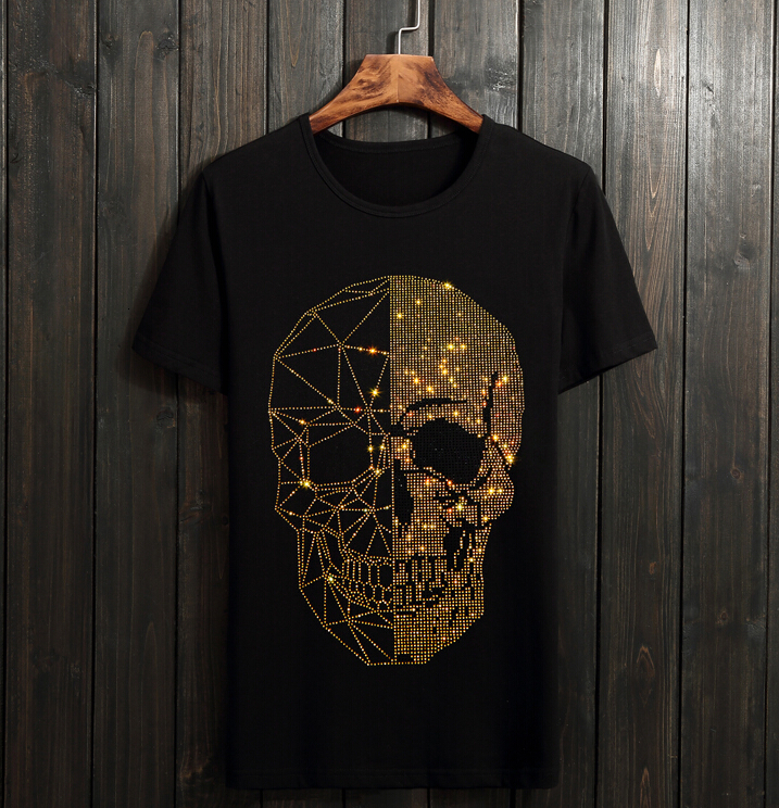 

2021 New Summer Top Mens Skulls Rhinestones t Shirts Modal Cotton o Neck Short Sleeve Slim Tee Shirt 8sta, Black