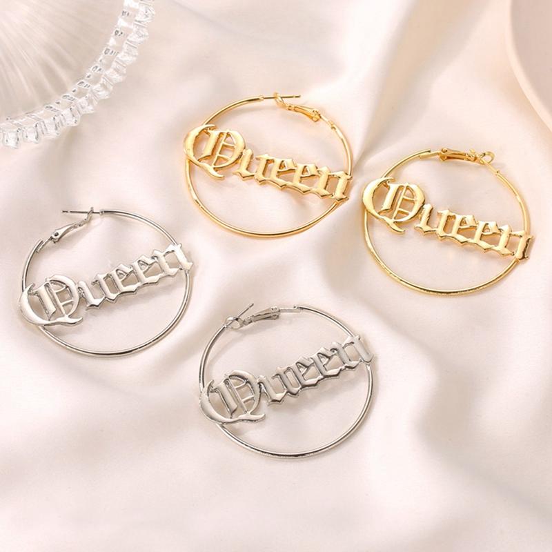 

Hoop & Huggie Exaggerated Large Round Letter Queen Earring Gold Silver Color Oversize Circle Earrings Ear Rings Jewelry For Women
