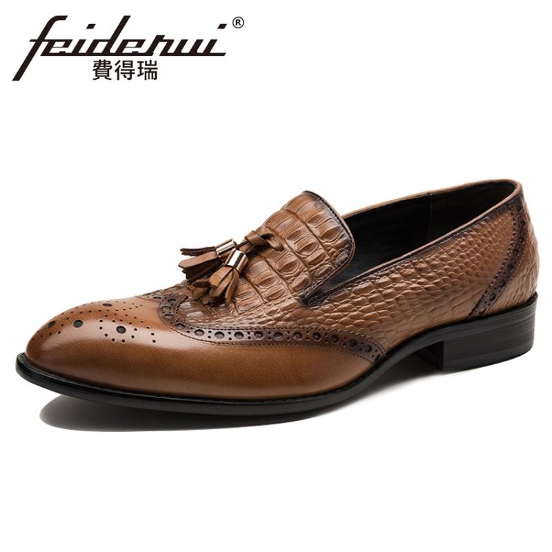 

British Genuine Leather Handmade Alligator Pattern Men's Loafers Pointed Toe Slip on Carved Man Formal Dress Brogue Shoes YMX473, Black