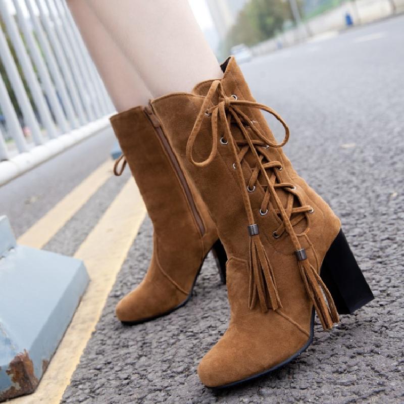 

Winter Women's Mid-calf Boots High Heels Nubuck Leather Shoes Lace Up Tassels Big Size 44 T186, Black