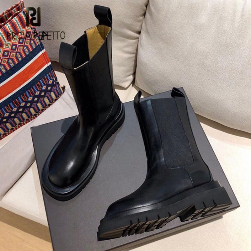 

Prova Perfetto Retro Genuine Leather Women's Mid-calf Boots Brown Folds Round Toe Slip-on Thick Bottom Non-Slip Motorcycle Boot1, Black