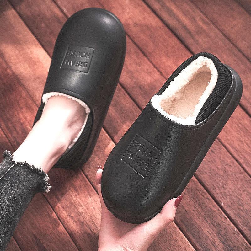 

Winter 2020 Warm Soft Women Indoor Plush Slippers PU Waterproof Snowproof High Quality Cotton Outside Woman Slippers Warm Shoes, Yellow