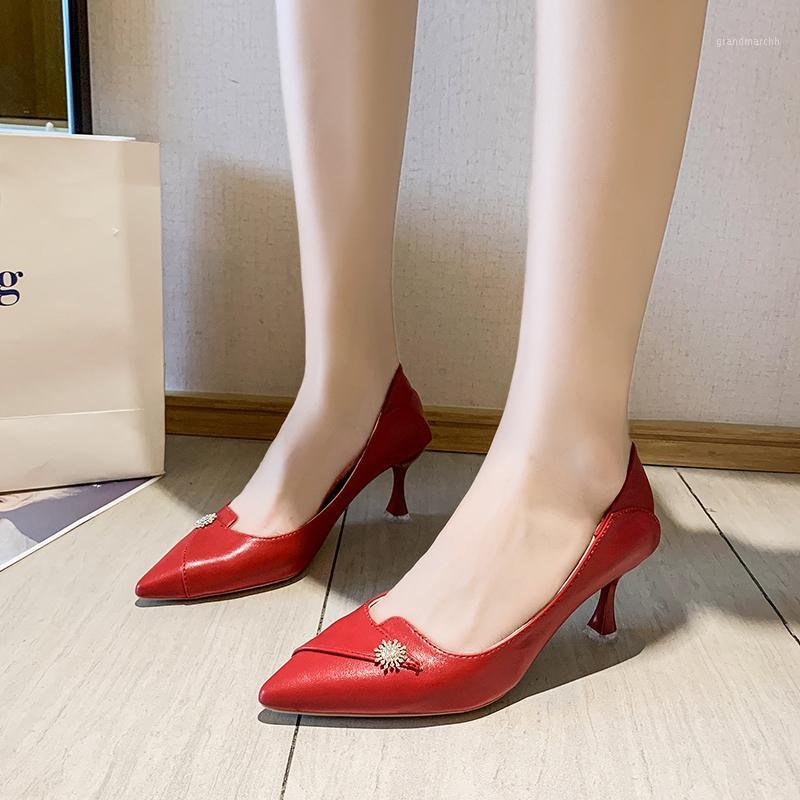 

Crystal Decoration High Heels Women Soft Pu Leather Pointed Toe Pumps Elegant Thin Heels Work Shoes Women Shallow Single Shoes1, Beige