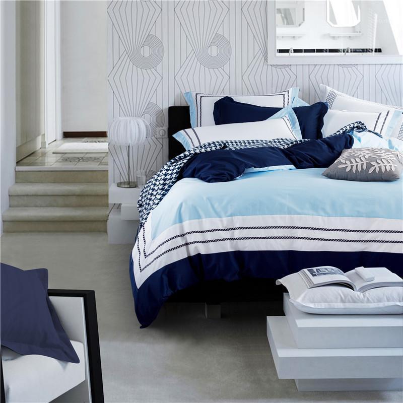 

Blue color hotel bedding set Egyptian cotton embroidered bedclothes queen king size bed set duvet cover bed sheet pillowcase1, Color 1