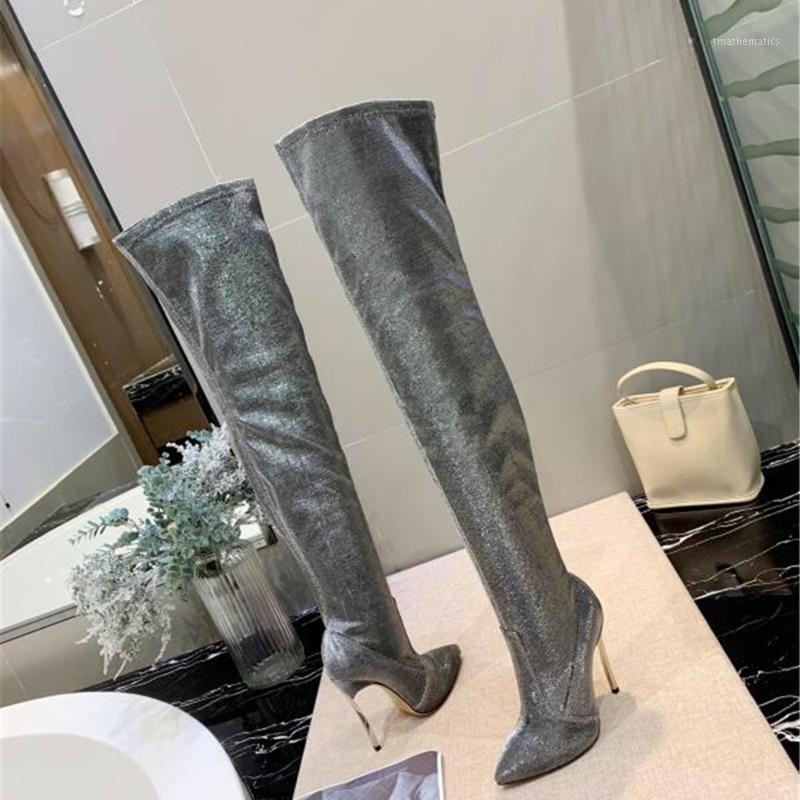 

Chueyz Newest Tall Boots Women Over The Knee Boots Pointed Toe Thin High Heels Solid Color Sequined Cloth High Quality1, Silver