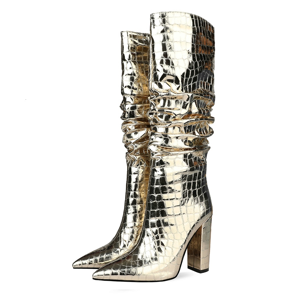 

2021 Knee-boots Woman Hand Metal Fabric Standard Rock Heels Online Long Women's Shoes ON0B, Silver.