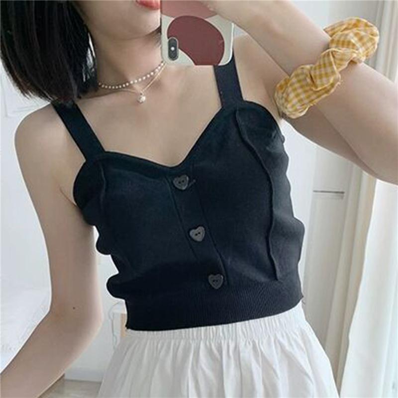 

Woman Casual Solid Color Knitting Vest Ladies Sweet V-Neck Short Vest Women Fashion Button Decor Camisole For Female, Yellow