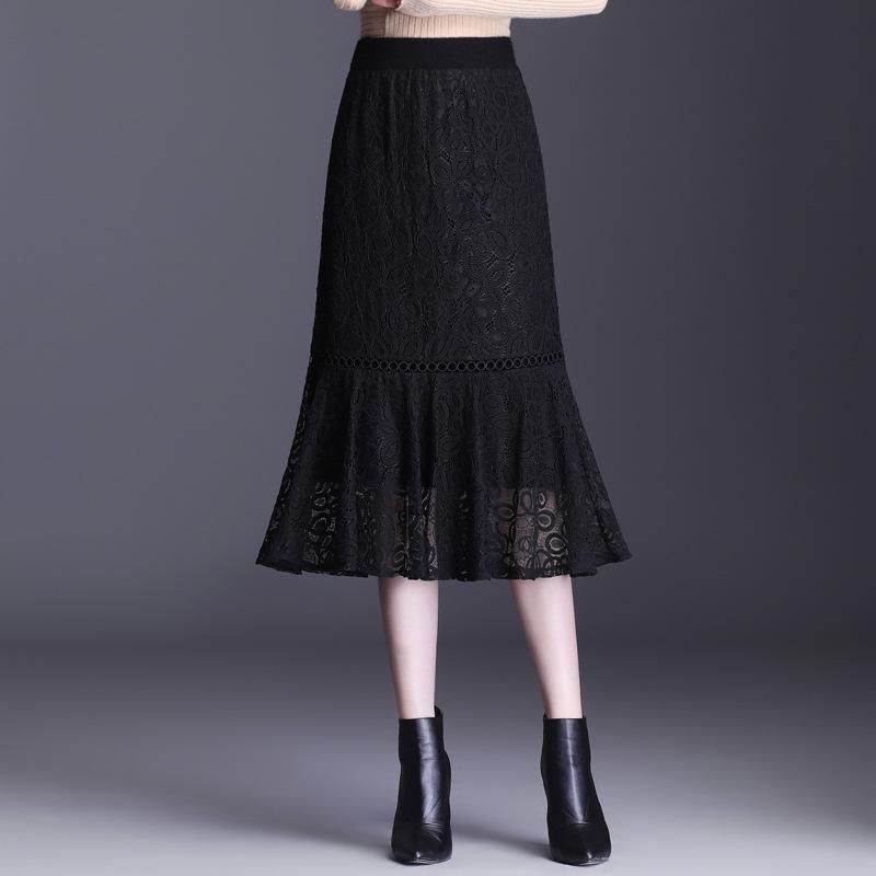 

2020 Autumn Winter New Arrival Elastic High Waist Slim Black Lace Knitted Hip Skirt Two Sides Women Fishtail Skirt Free Shipping