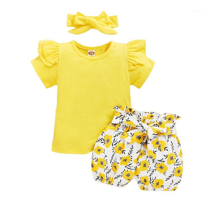 

Newborn Baby Girl 3PCS Clothes Floral T Shirt Yellow Ruffles Short Sleeve Tops high waist Shorts Headband Outfits Sets 0-24M1