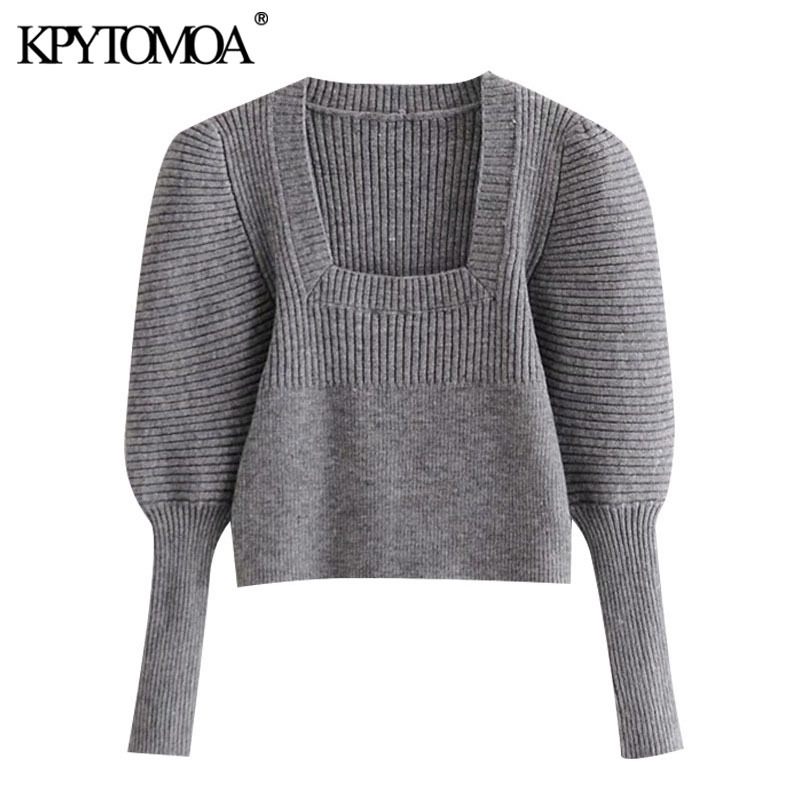 

KPYTOMOA Women Fashion Puff Sleeve Cropped Knitted Sweater Vintage Square Collar Stretch Slim Female Pullovers Chic Tops 201111, As picture