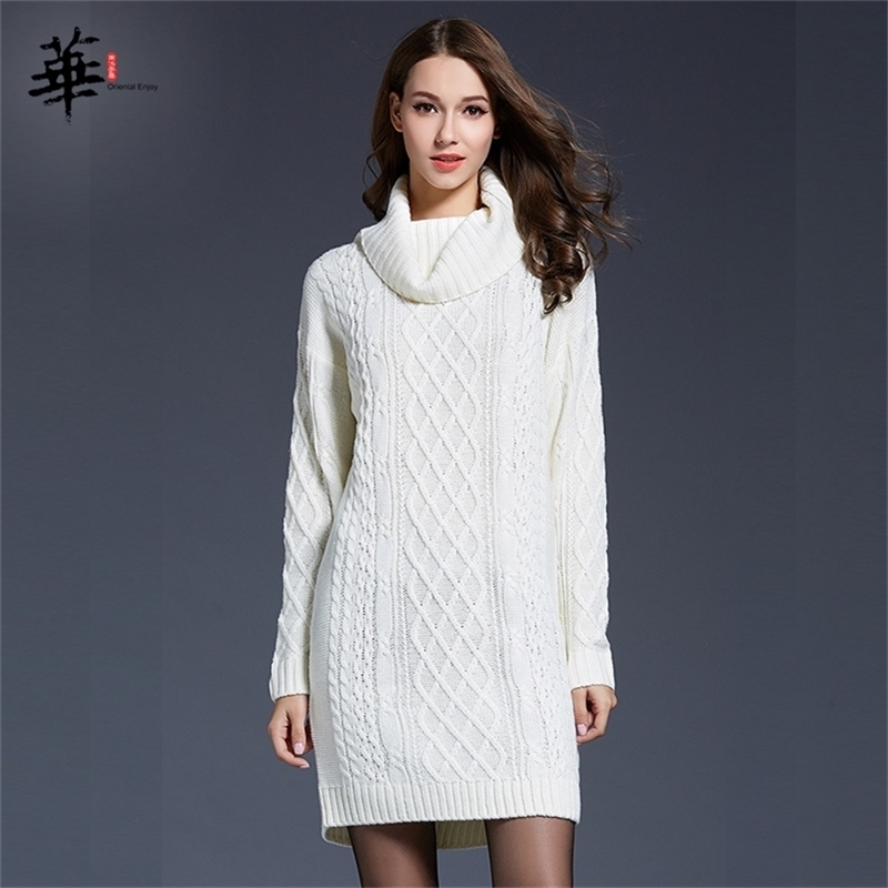 Women Winter Sweater Dress Knitted Long Sleeve Dresses for Women Femme Robe Woman Pullover Turtleneck White Plus Size Dress 201028