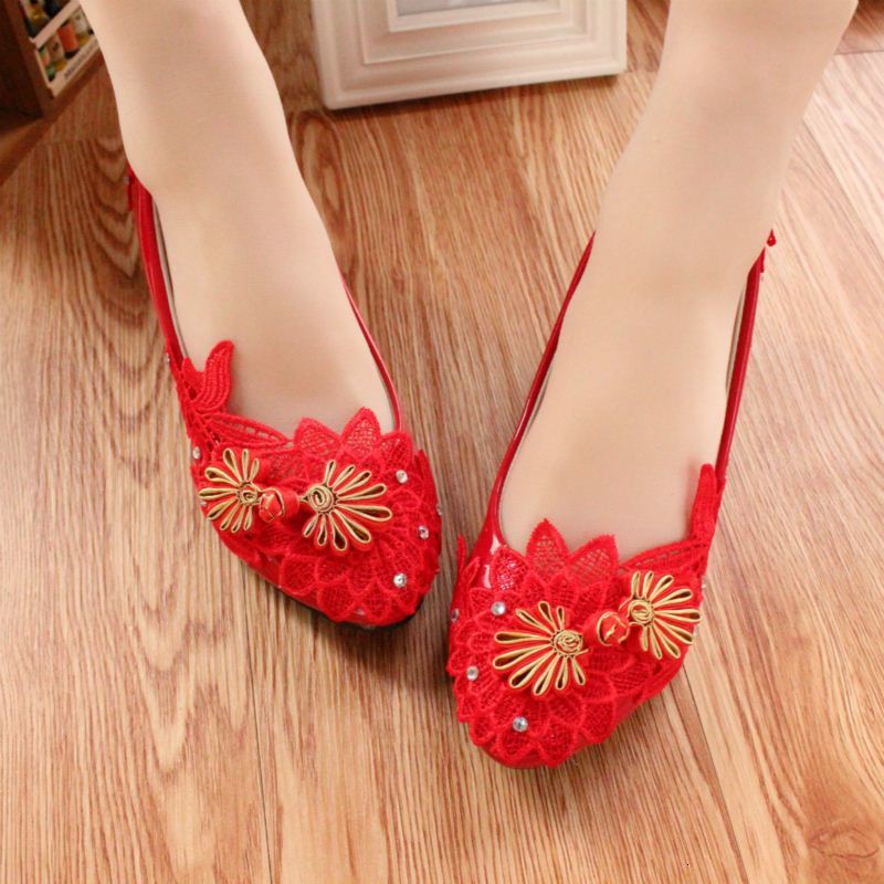 

2021 New Lace Crystal Diamond Back Hand Bride Toast Flat Low Red Wedding Shoes CDYV