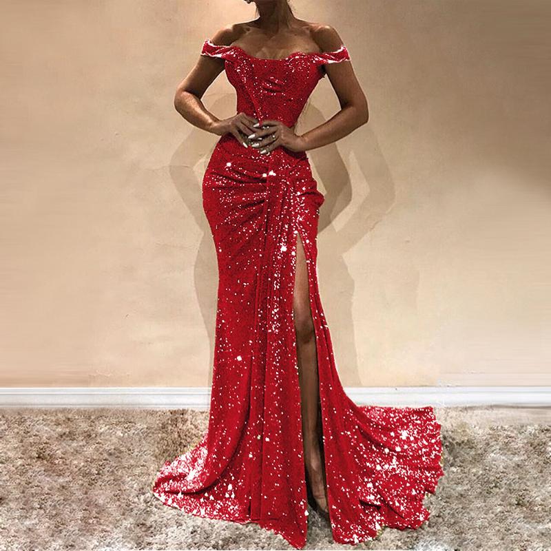 

Missord 2020 Sexy Slash Neck Sequins Sexy Women Party dress High Split Backless Elegant Women Maxi Dresses FT19677, Black