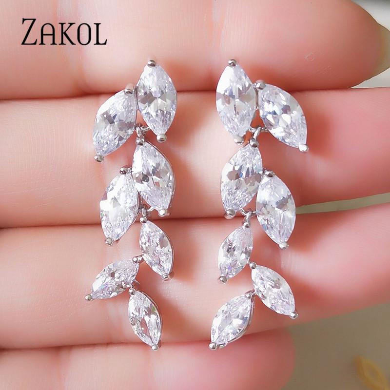 

ZAKOL Fashion Marquise Cut White CZ Zircon Crystal Drop Earrings Gold Color Leaf Earrings for Women Wedding Jewelry FSEP512